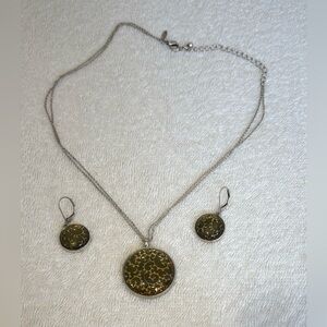 Baked Beads Necklace & Earrings Set Amber Scroll Resin Silver Tone Double Chain